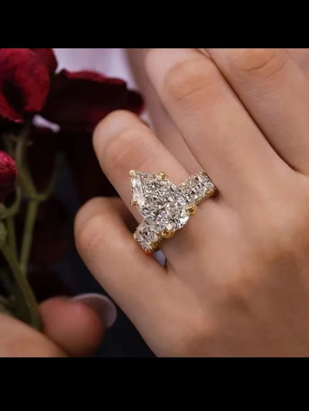 18K Gold Plated Pear Cut Cubic Zirconia Engagement Cocktail Ring